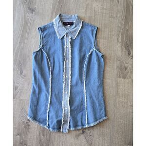 Womans Cody James Denim Sleevless Western Pearl Snap  Light Wash Size XL VTG